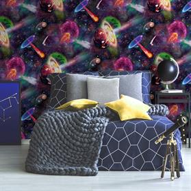 Yellow stars cushions on bed against dark wall with stickers in astronaut's bedroom interior with telescope